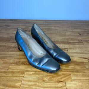 Salvatore Ferragamo Vintage Silver Square Toe Block Heels Size 8.5
